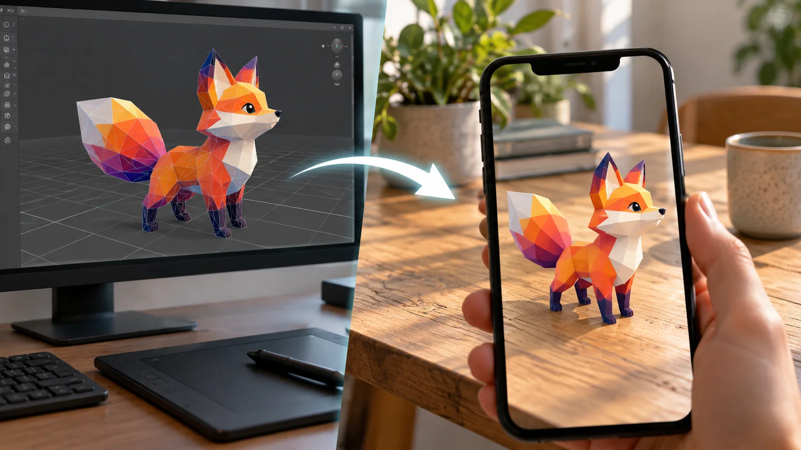 A colorful low-poly 3D model appears in a desktop viewer and as an AR object on a phone