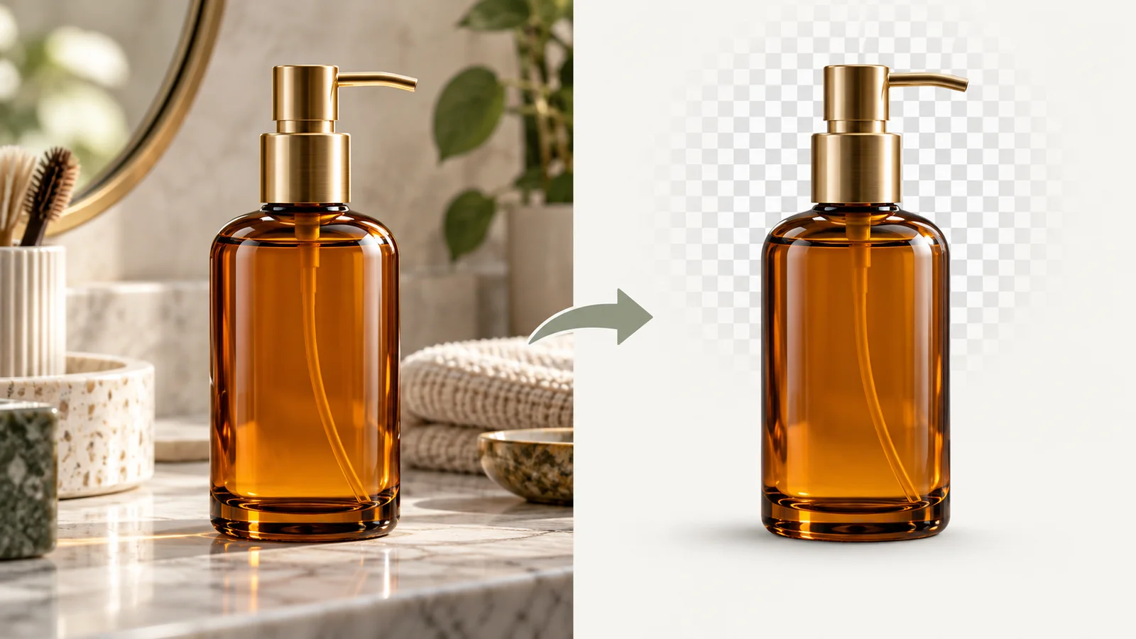 Before and after: AI background removal isolates an amber product bottle from a vanity photo