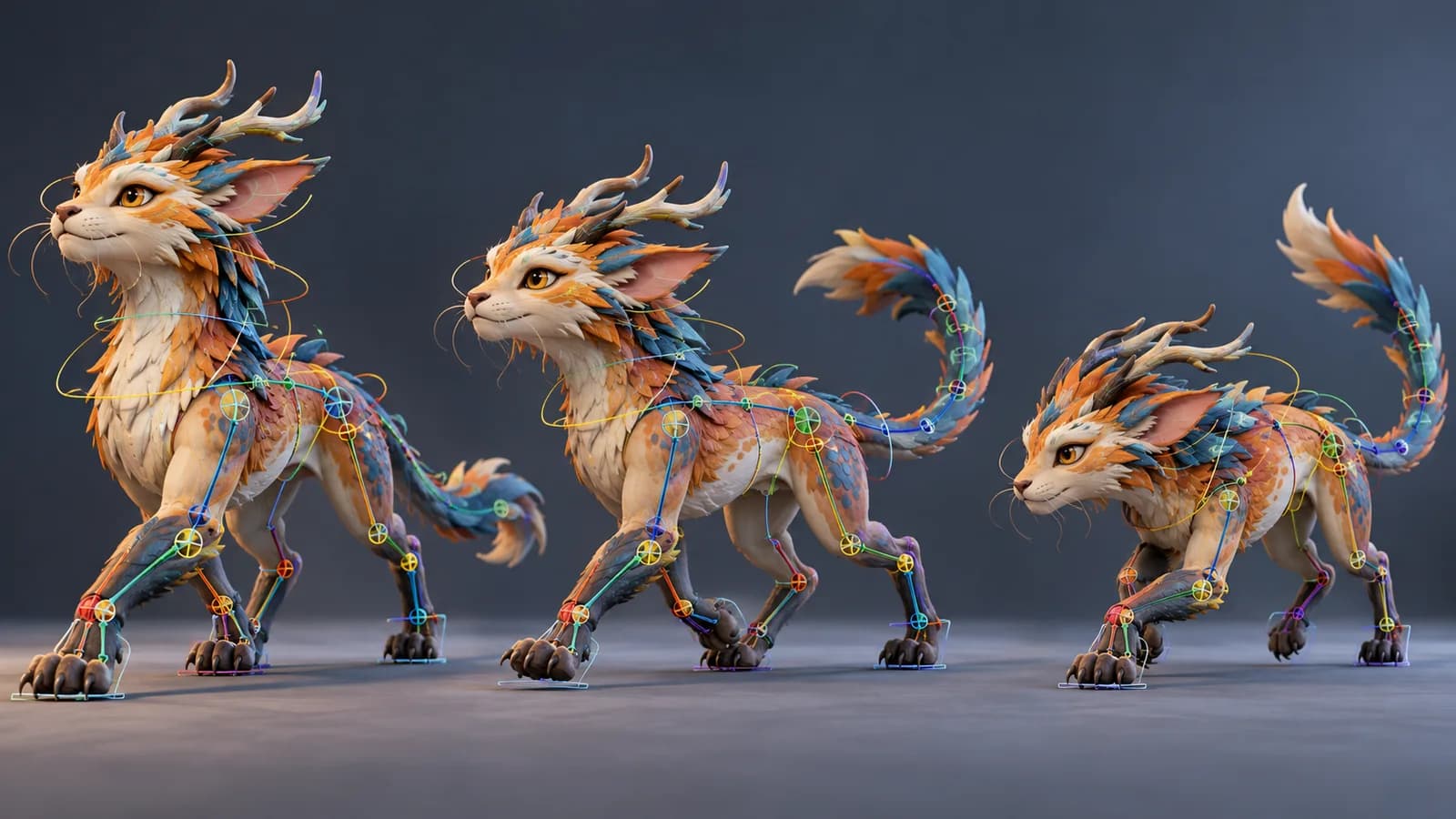 A stylized fantasy creature is shown in a sequence of poses to illustrate rigged AI creature animation