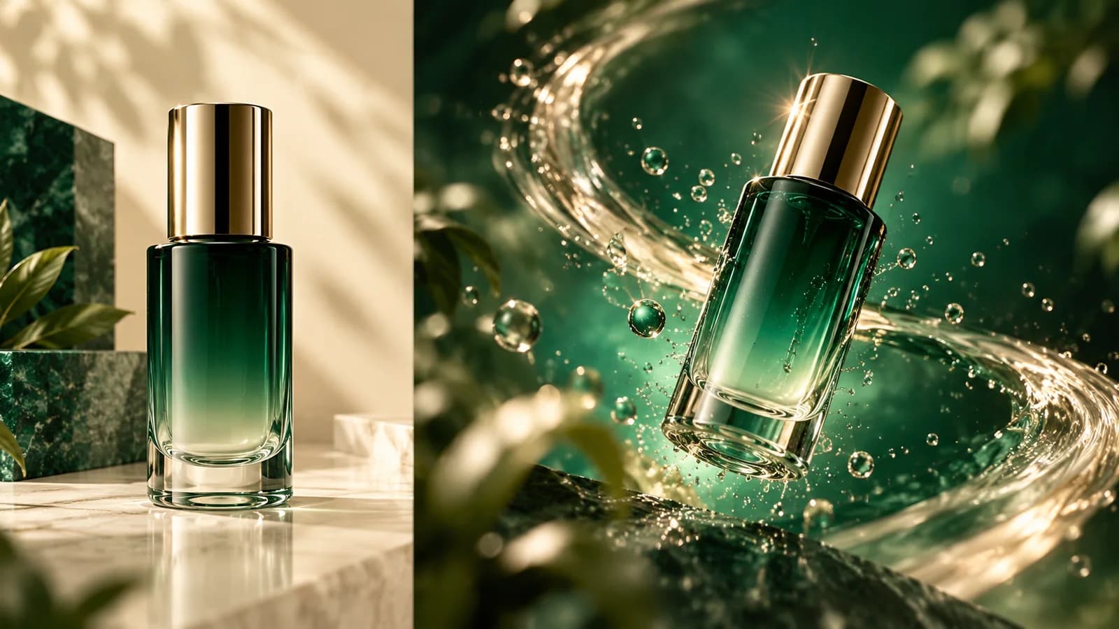 A still image of a green perfume bottle becomes a short cinematic product video with controlled motion