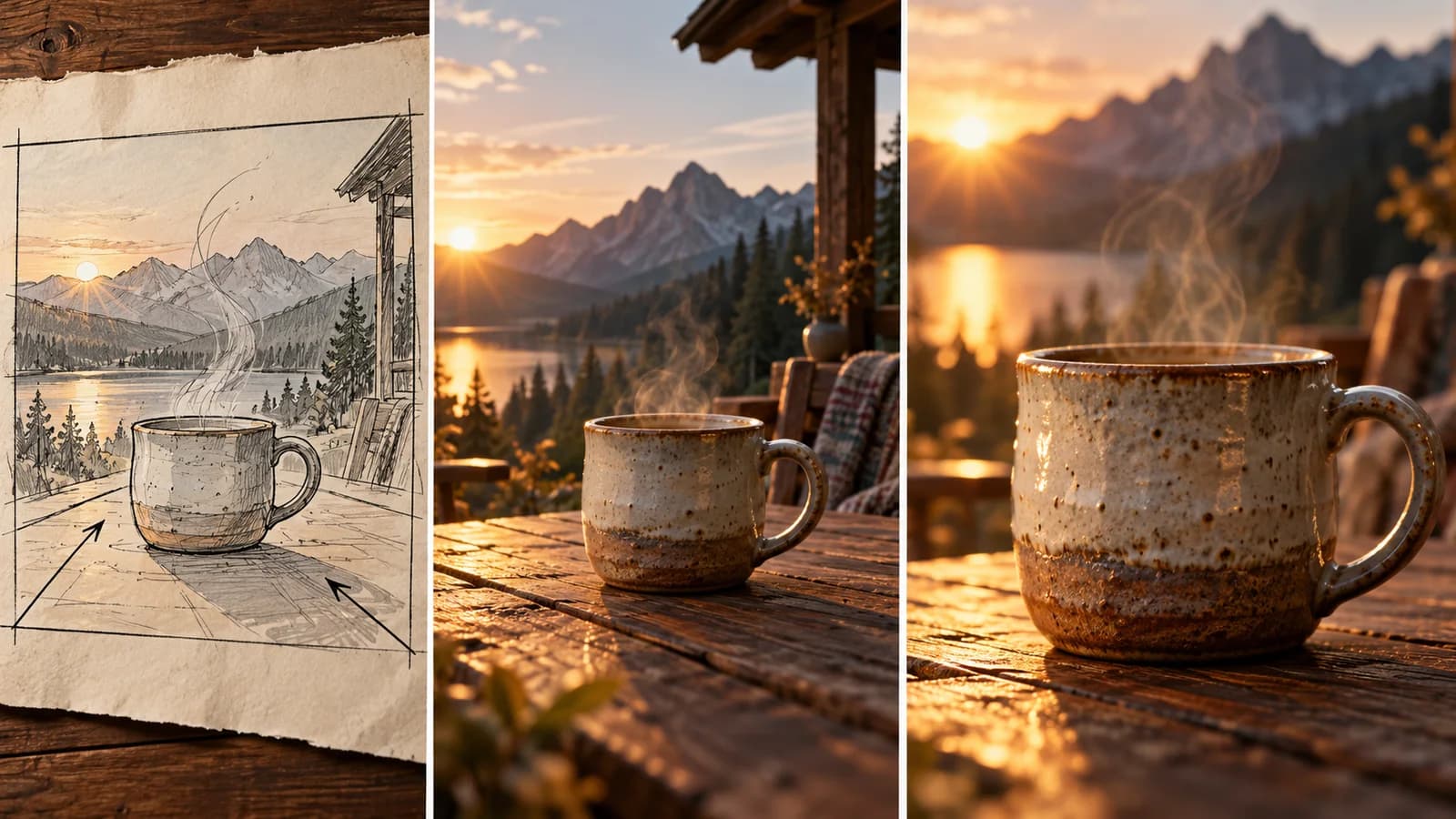 Uno storyboard a tre fotogrammi mostra una tazza di ceramica dalla descrizione di una scena attraverso un'inquadratura in movimento coerente