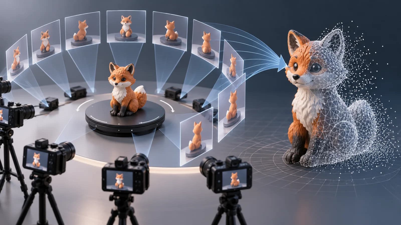 Několik snímků videa obíhá kolem malého objektu a vkládá se do rekonstruované 3D sítě